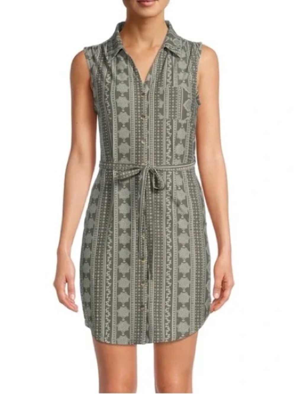 No Boundaries Olive Green Patterned Sleeveless Shirt Dress with Tie